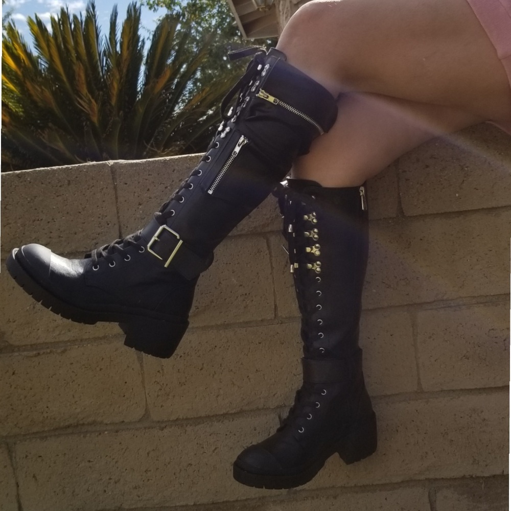 CHUNKY PLATFORM KNEE HIGH  CALF FAUX LEATHER BOOTS - Picture 2 of 8